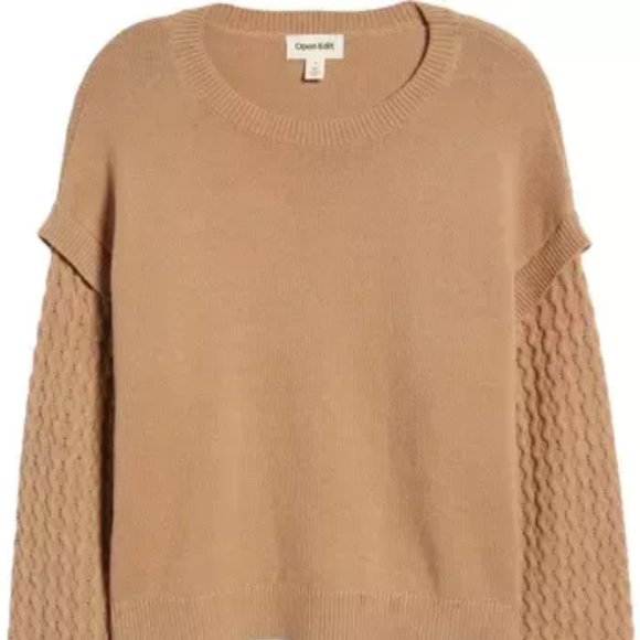 Open Edit Stitch Sleeve Cotton Blend Sweater in Natural Size 1X - Picture 2 of 15